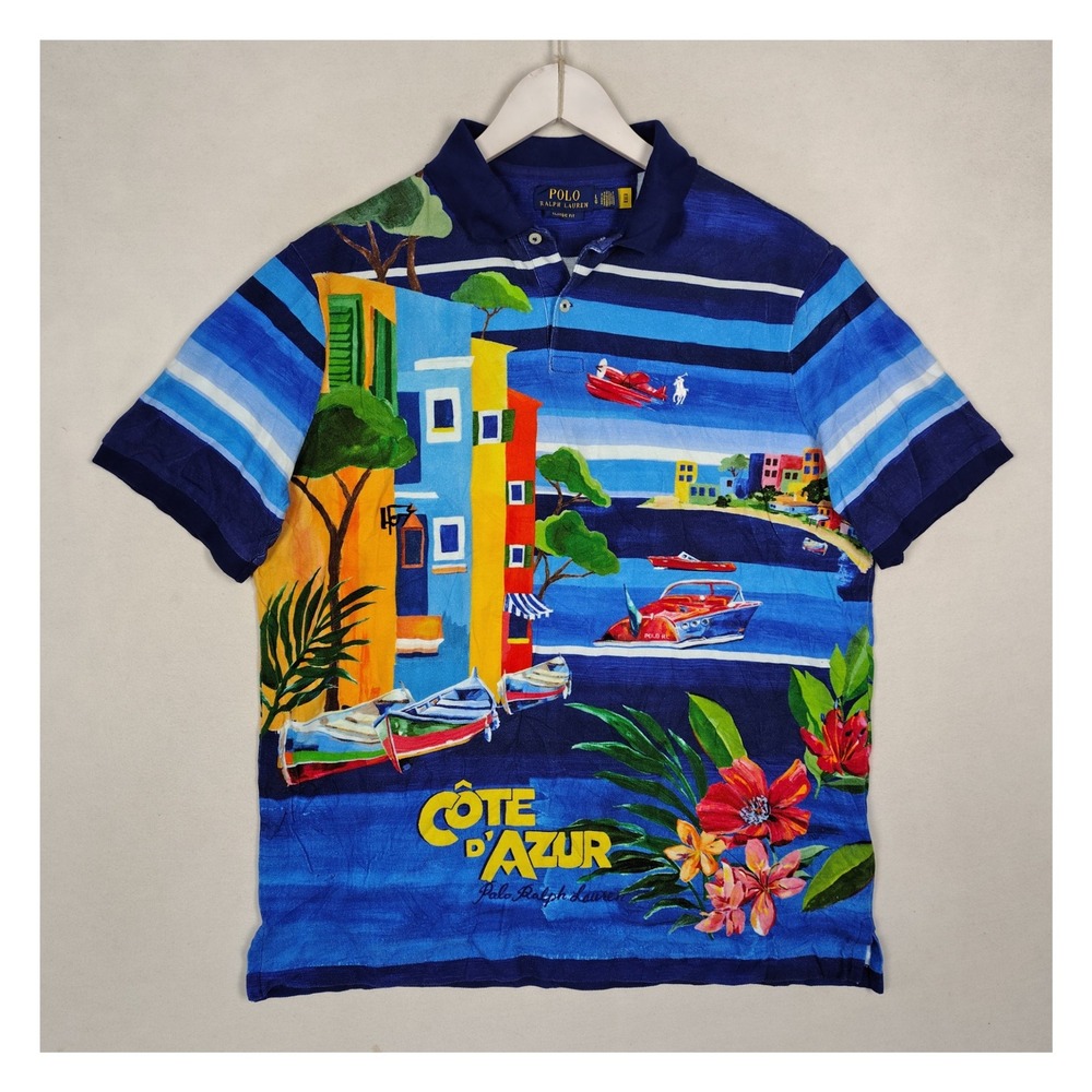 Polo Ralph Lauren Cote d'Azur Scenic Print Polo Blue Mens Large Classic Fit